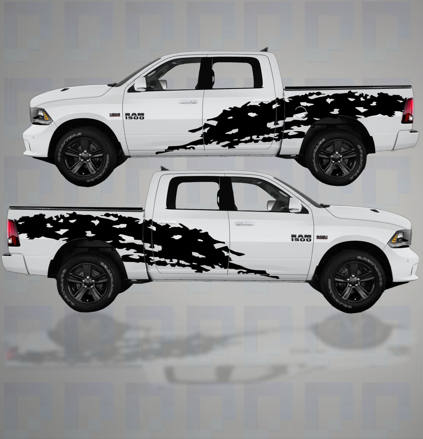 XL side vinyl decals on Dodge Ram 1500 – large black graphics for rugged off-road truck look