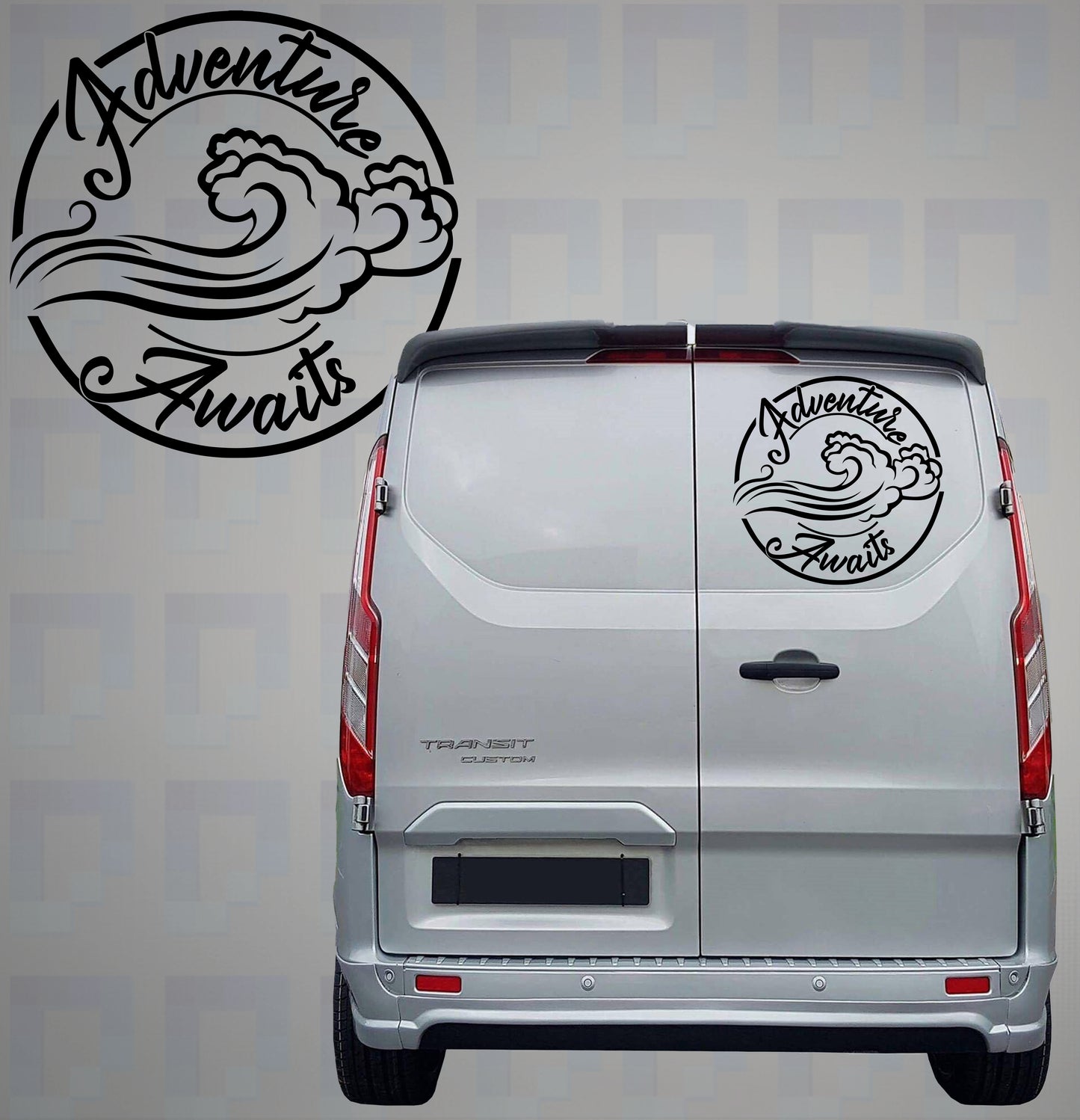 Adventure Awaits ocean wave vinyl decal with script font displayed on the back of a campervan by Pixel Printworks