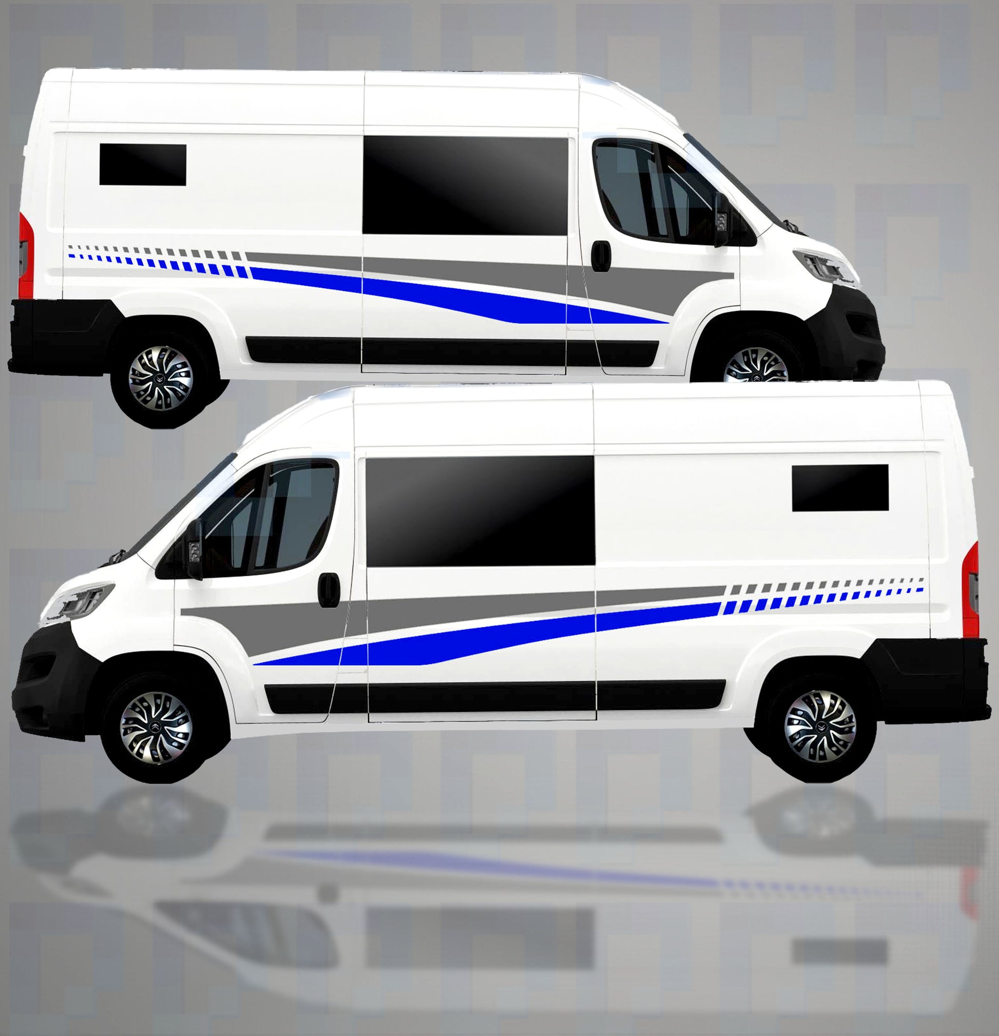 LWB camper van with blue and grey dual stripe vinyl decal kit from Pixel Printworks