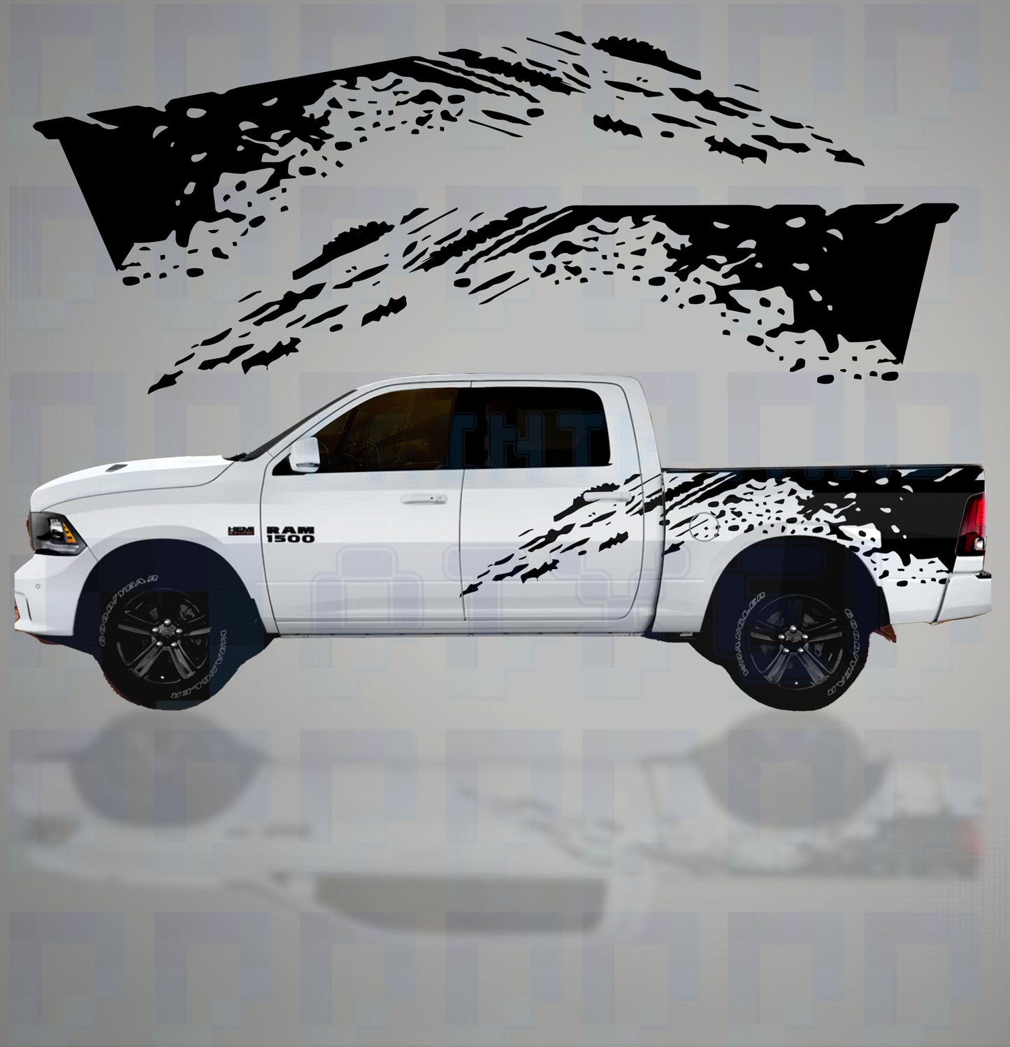 Mudslinger Vinyl Graphics Kit installed on Dodge Ram 1500 truck – black splatter decal design on both sides
