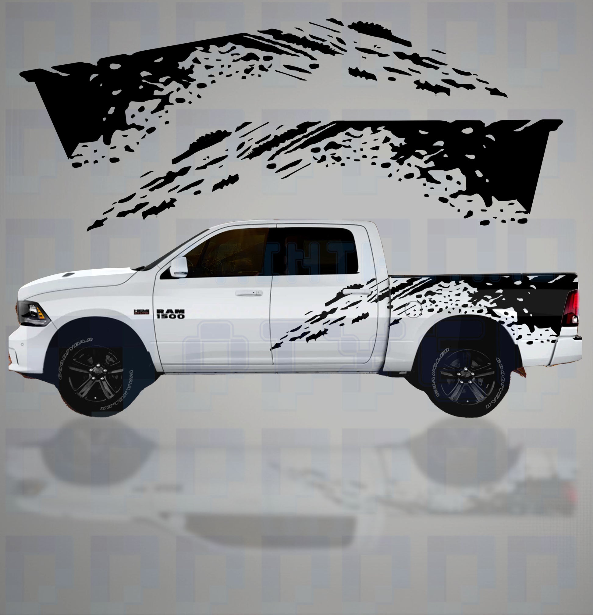 Mudslinger Vinyl Graphics Kit installed on Dodge Ram 1500 truck – black splatter decal design on both sides