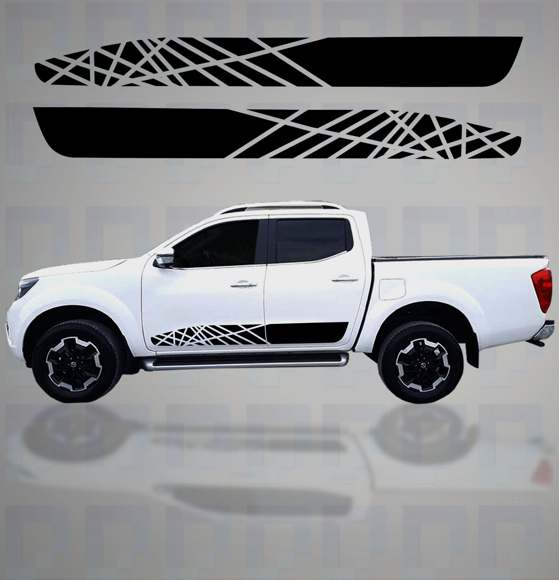 Geometric lines vinyl decals on Nissan Navara D23 – side stripe graphics by Pixel Printworks
