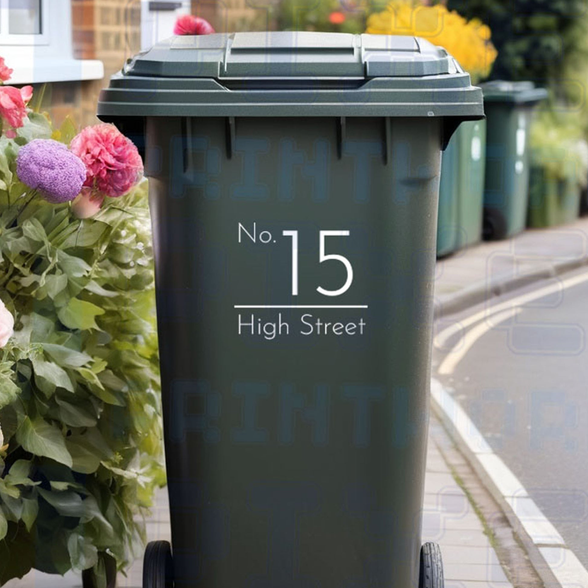 Personalised classic wheelie bin sticker showing “No.” above house number with street name beneath on a bin outside a UK home by Pixel Printworks
