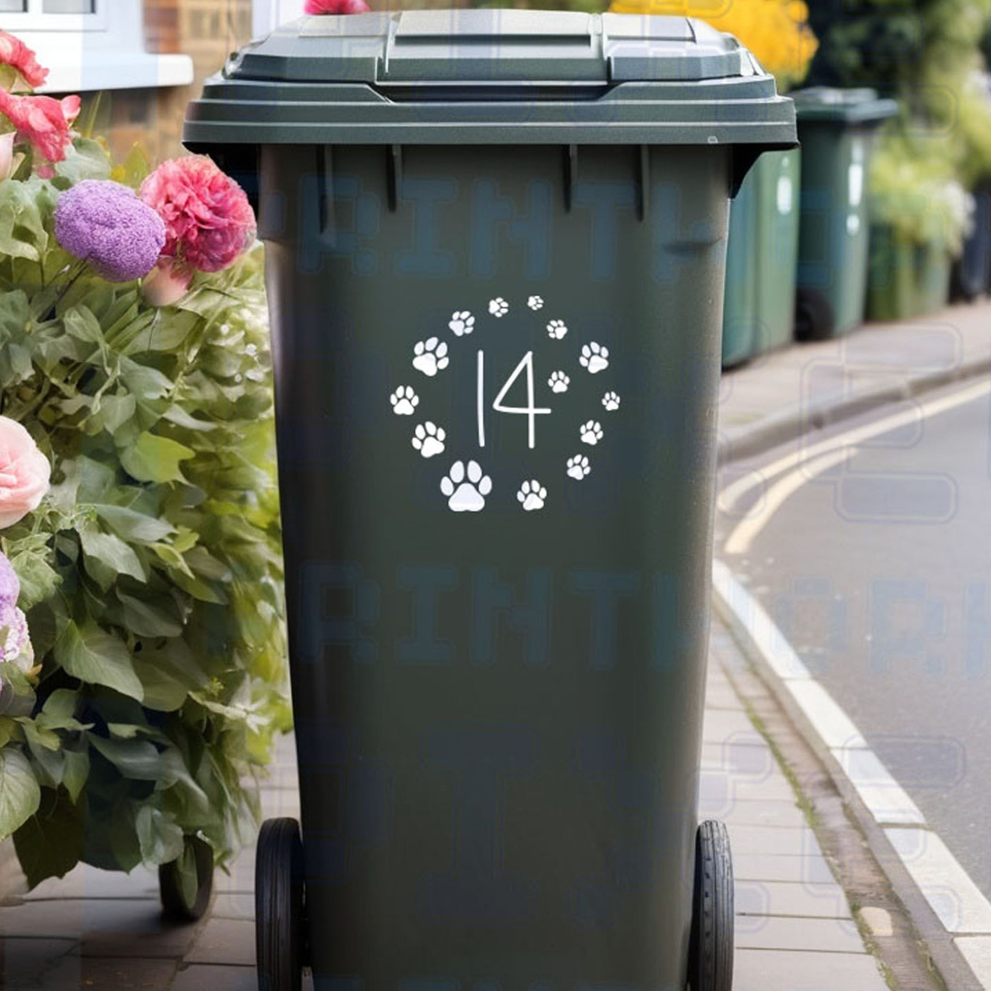 Personalised paw prints wheelie bin sticker showing circular paw print wreath with house number on a bin outside a UK home by Pixel Printworks
