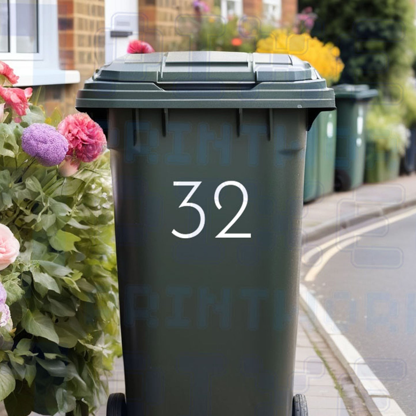 Personalised number-only wheelie bin sticker displaying a large clear house number on a bin outside a UK home by Pixel Printworks