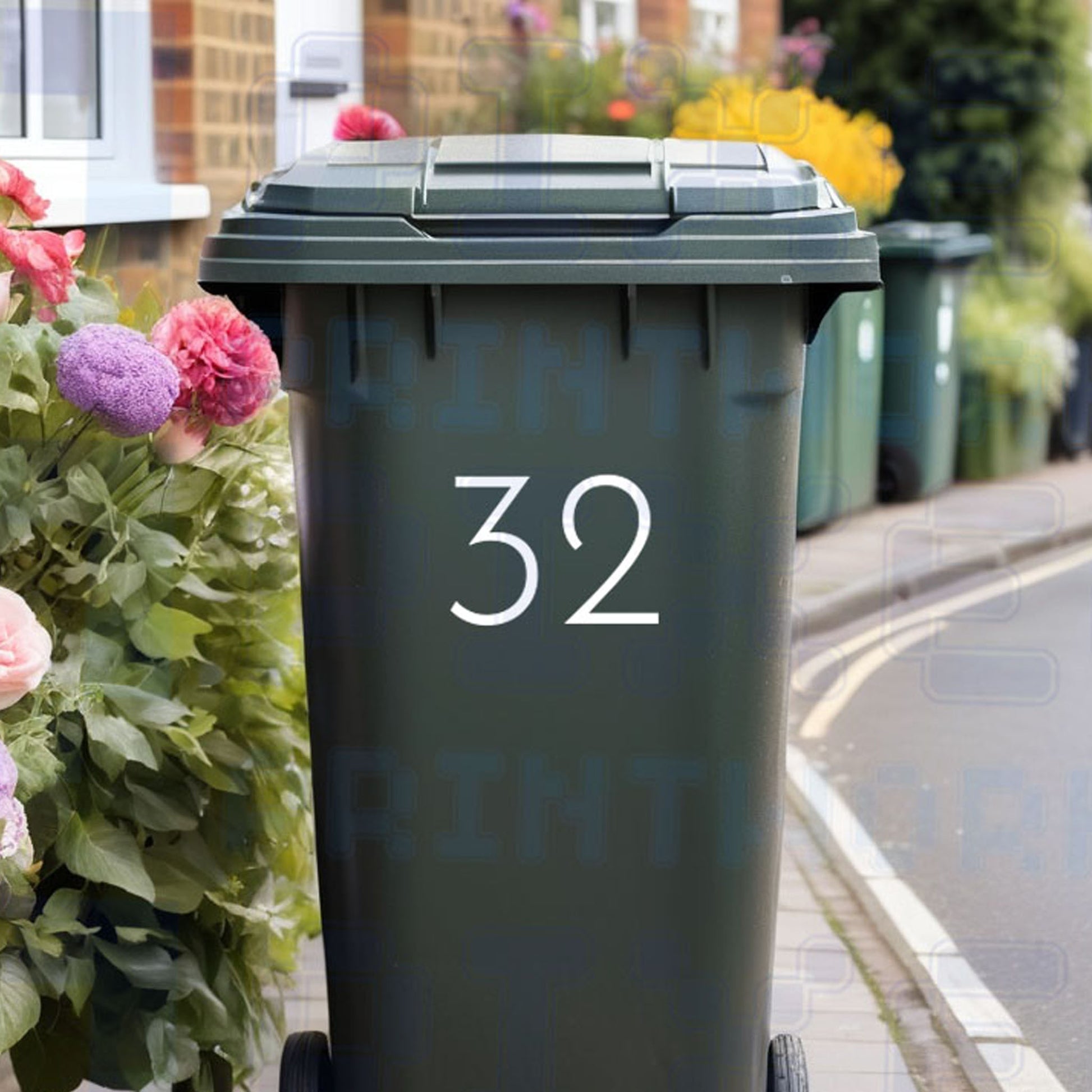Personalised number-only wheelie bin sticker displaying a large clear house number on a bin outside a UK home by Pixel Printworks