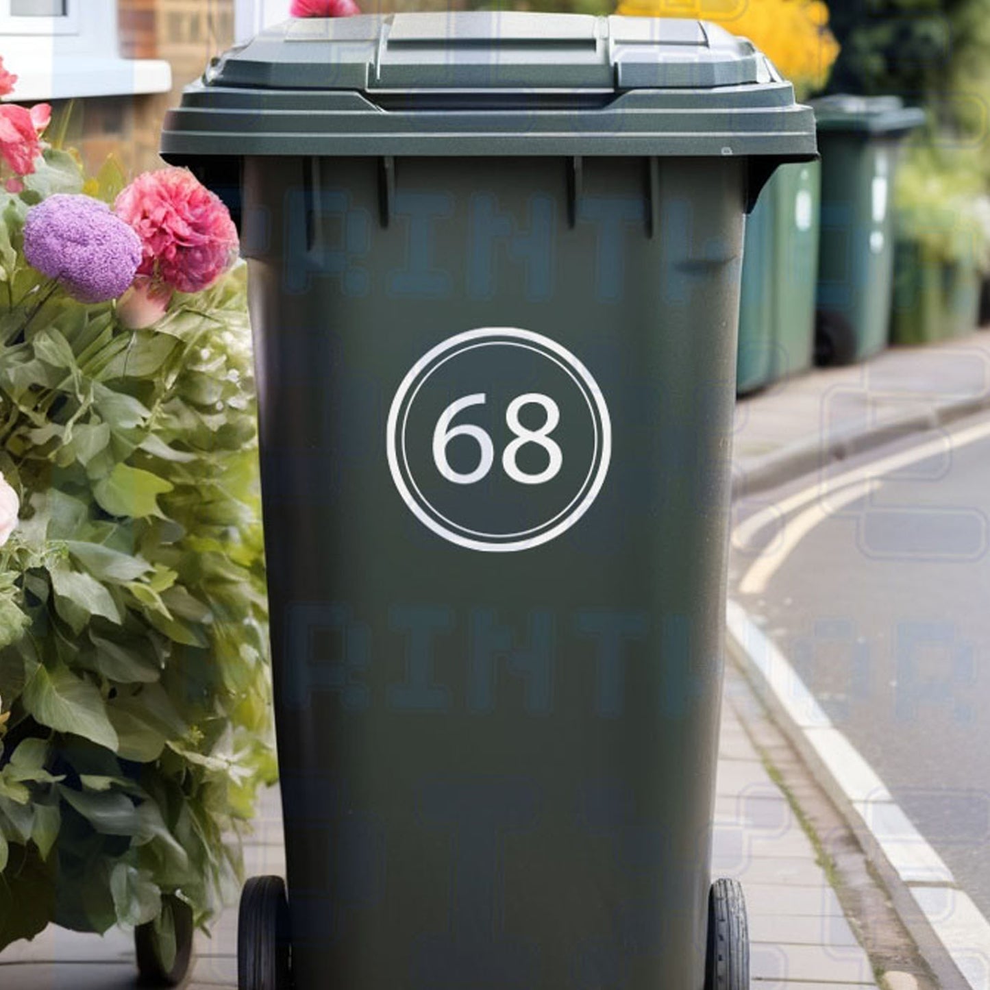 Personalised circle wheelie bin sticker showing bold circular border with house number on a bin outside a UK home by Pixel Printworks