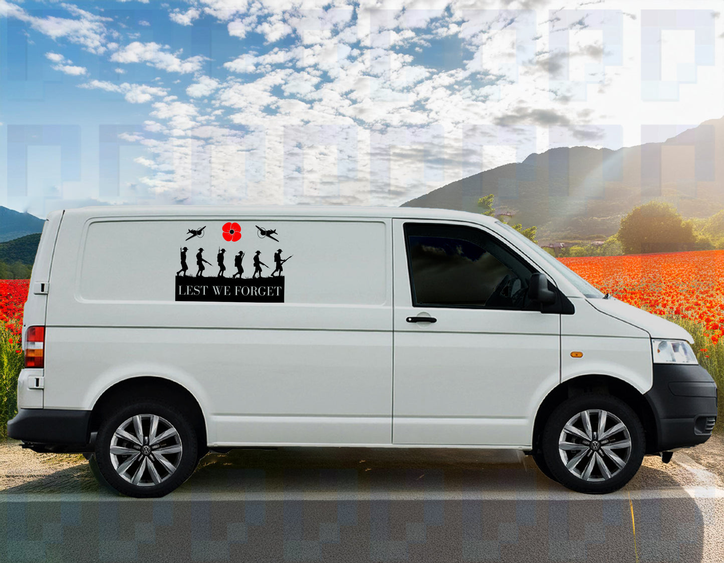 Lest We Forget Soldier, Poppy & Planes Vinyl Decal – Military Memorial Sticker for Vans & Campers