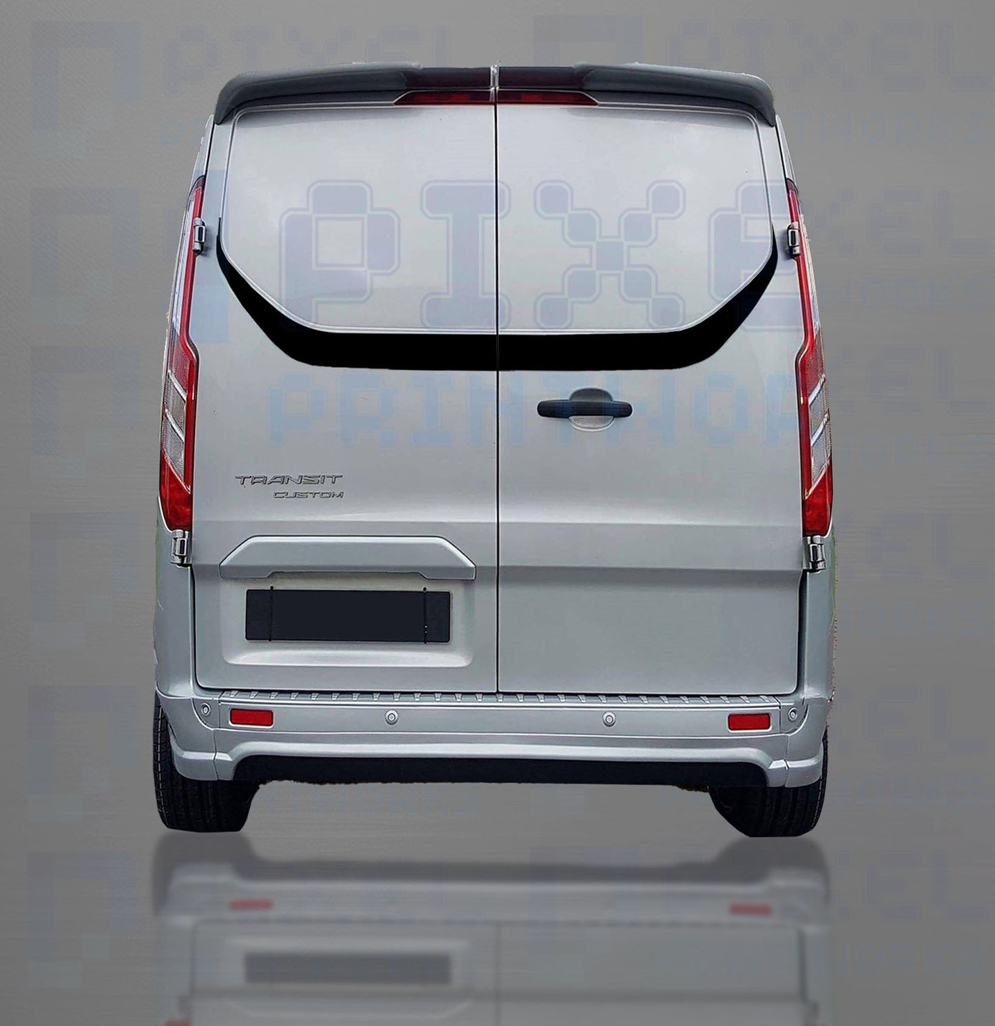 Back view of a silver van on a gray background