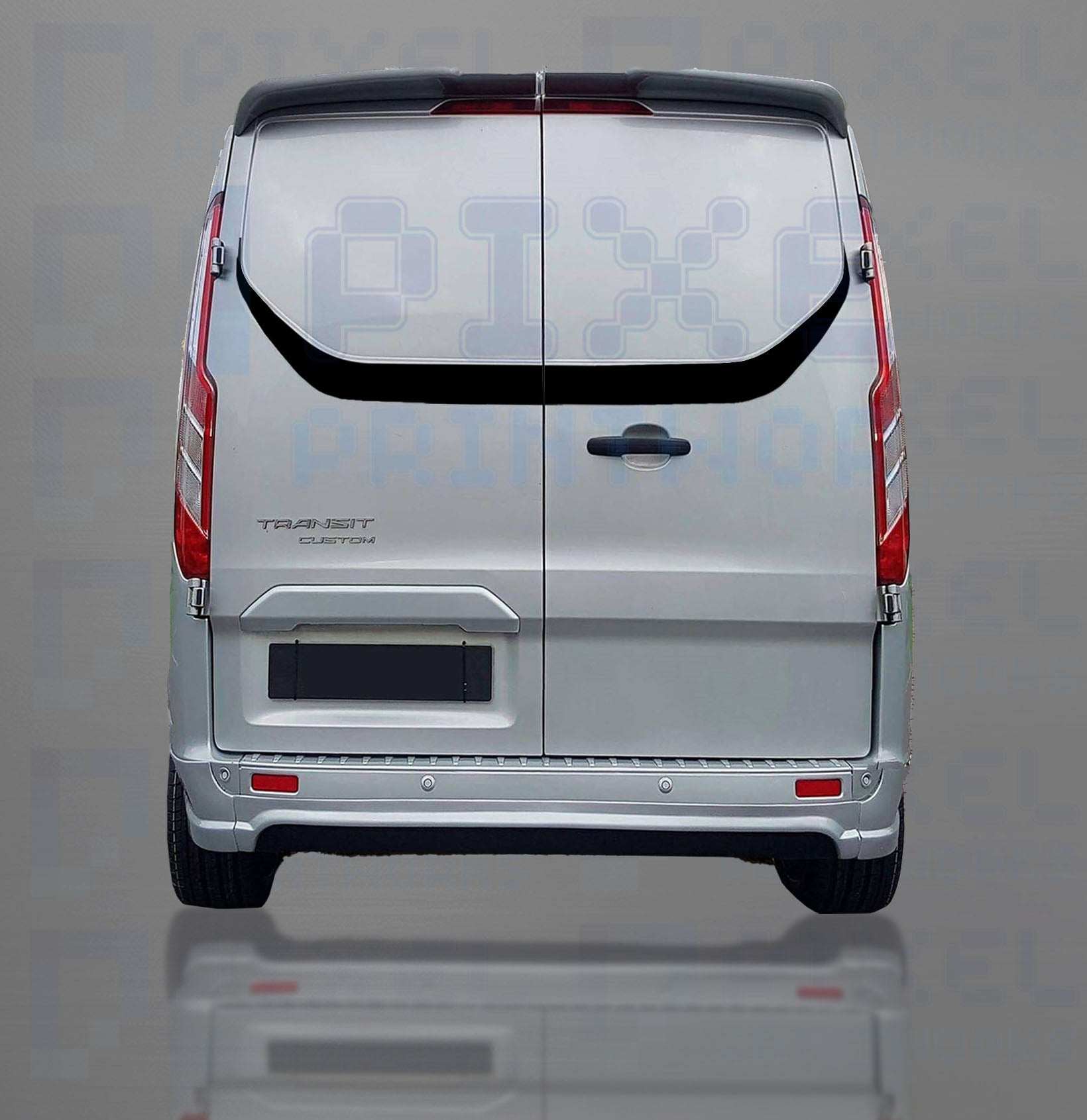 Back view of a silver van on a gray background