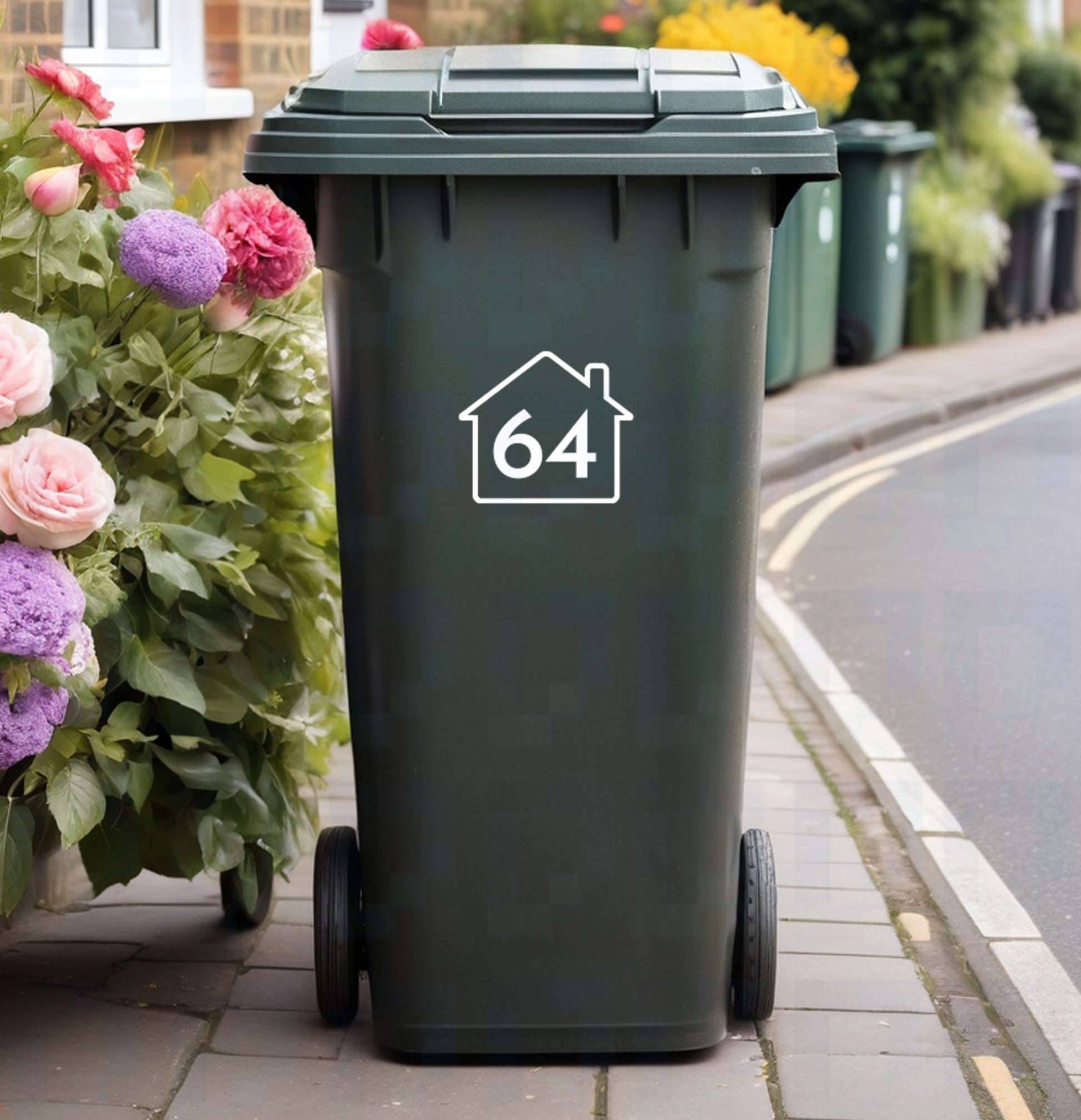 Wheelie bin with modern outline house number vinyl decal – clean minimalist sticker by Pixel Printworks