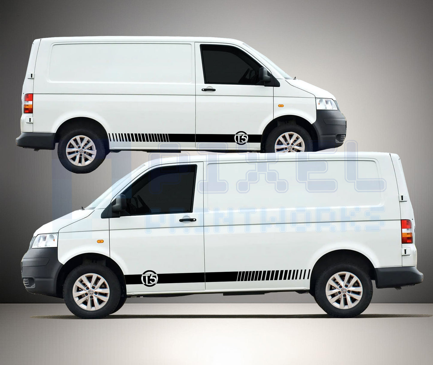 VW Transporter T5 side stripe decals with integrated T5 logo emblem and fade design fitted to van showing sporty custom styling