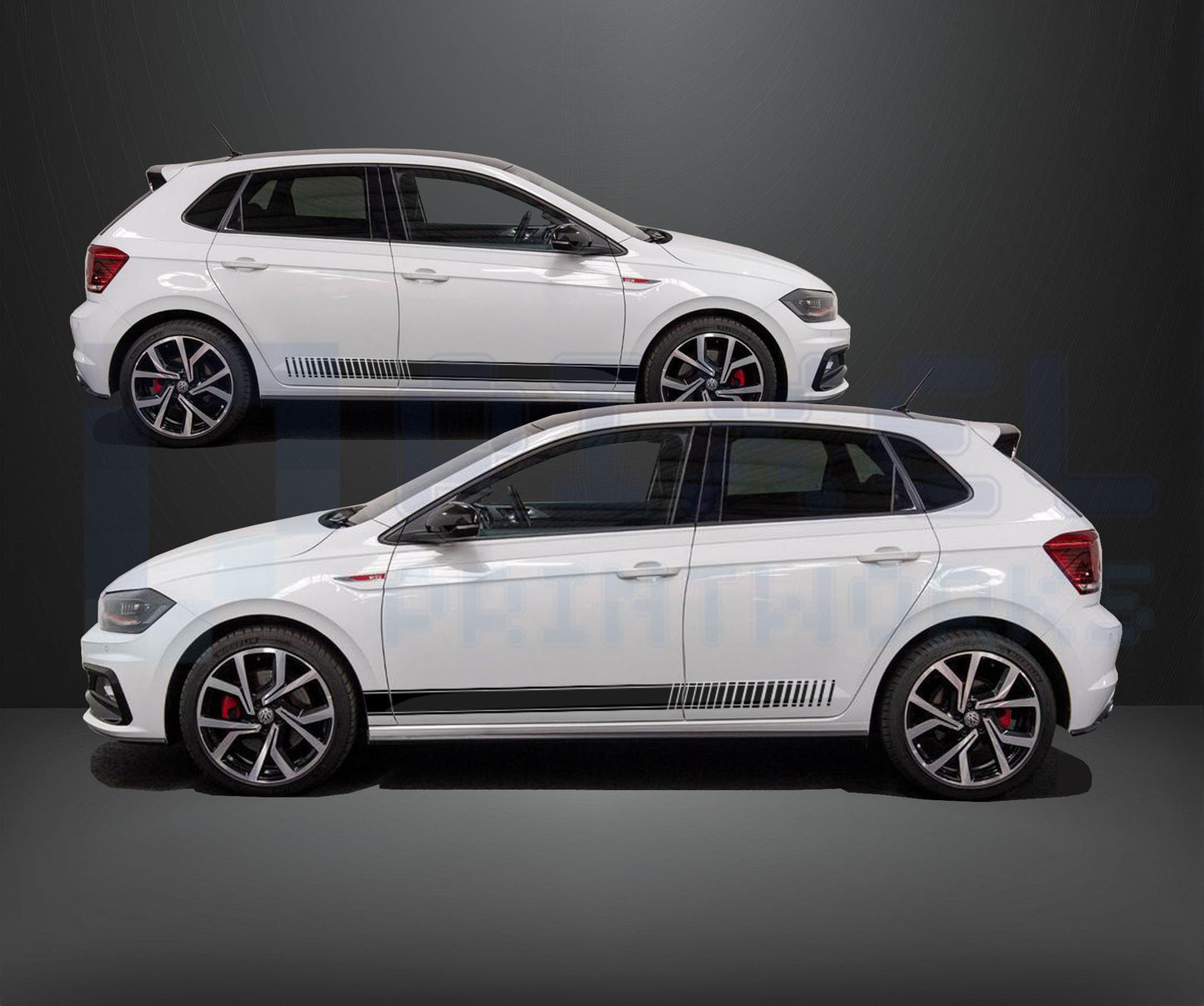 VW Polo minimal staggered side stripe vinyl decal installed