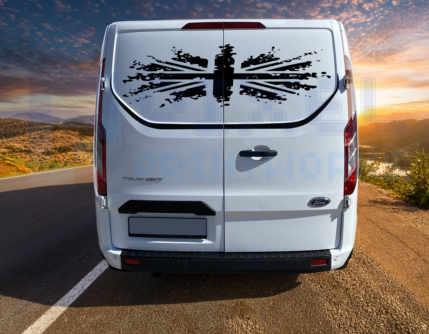 Ford Transit Custom Union Jack Rear Door Decal – Thin Contour Stripe | Pixel Printworks