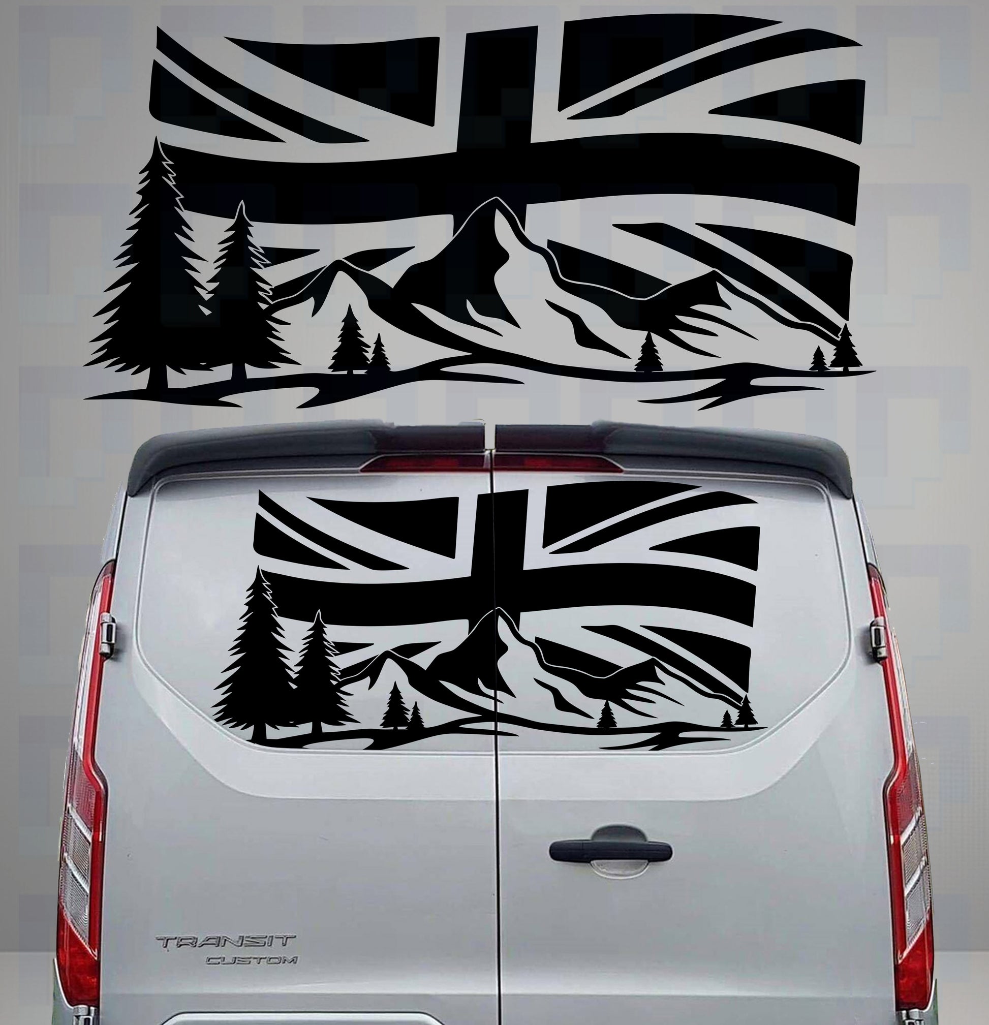 Union Jack mountain and tree silhouette vinyl decal on rear doors of a grey van