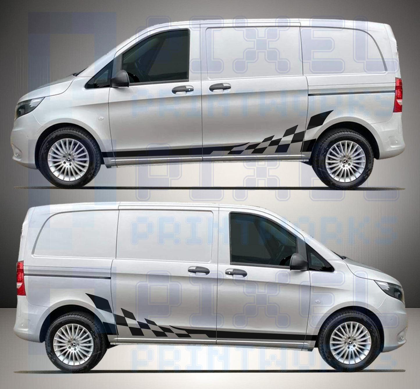 Mercedes Vito Side Stripe Decals Checkers Racing Flag – Vinyl Graphics | All Body Variations | Pixel Printworks