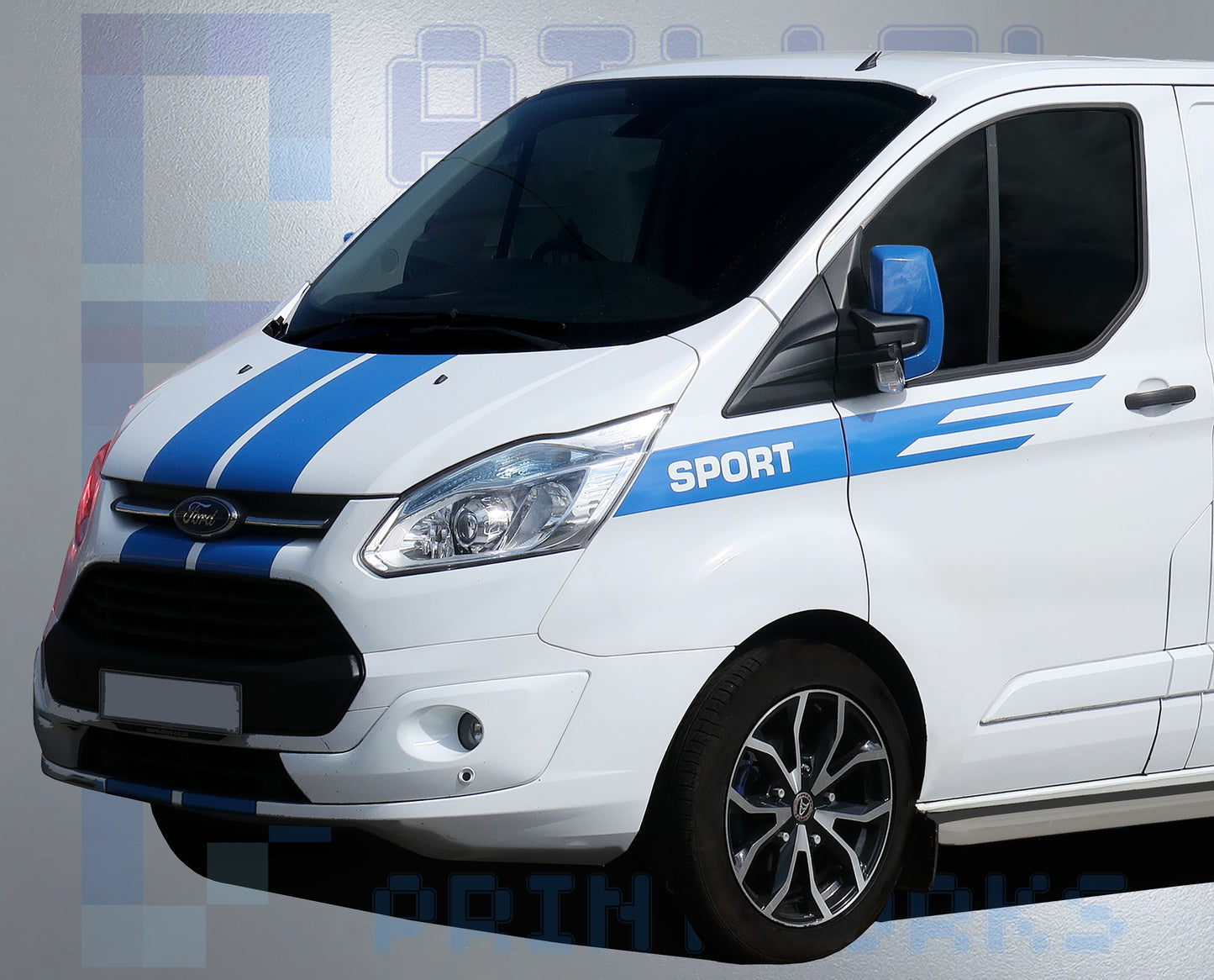 White van with blue stripes and 'Sport' branding on a gray background