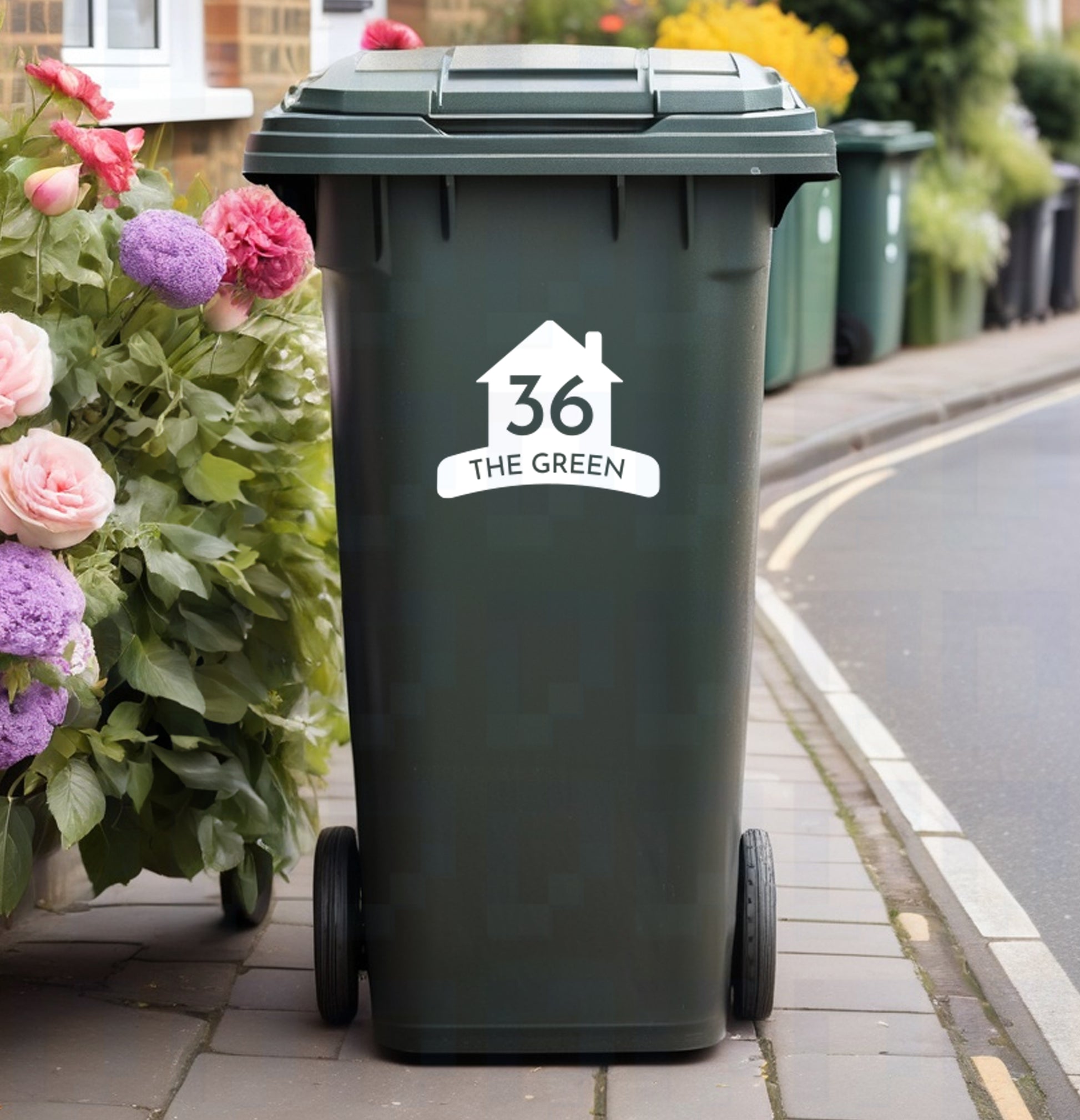 Wheelie bin with personalised house number and street name vinyl sticker in house silhouette design – Pixel Printworks