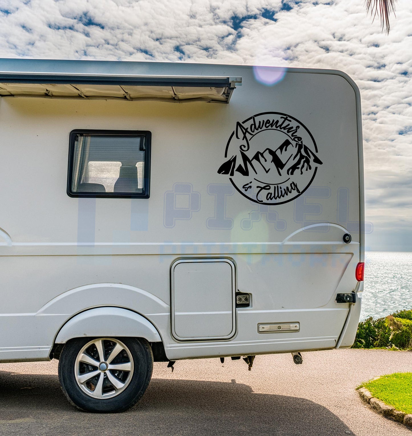 Adventure Is Calling Mountain Script Decal – Vinyl Sticker for Campervans & Motorhomes | Pixel Printworks