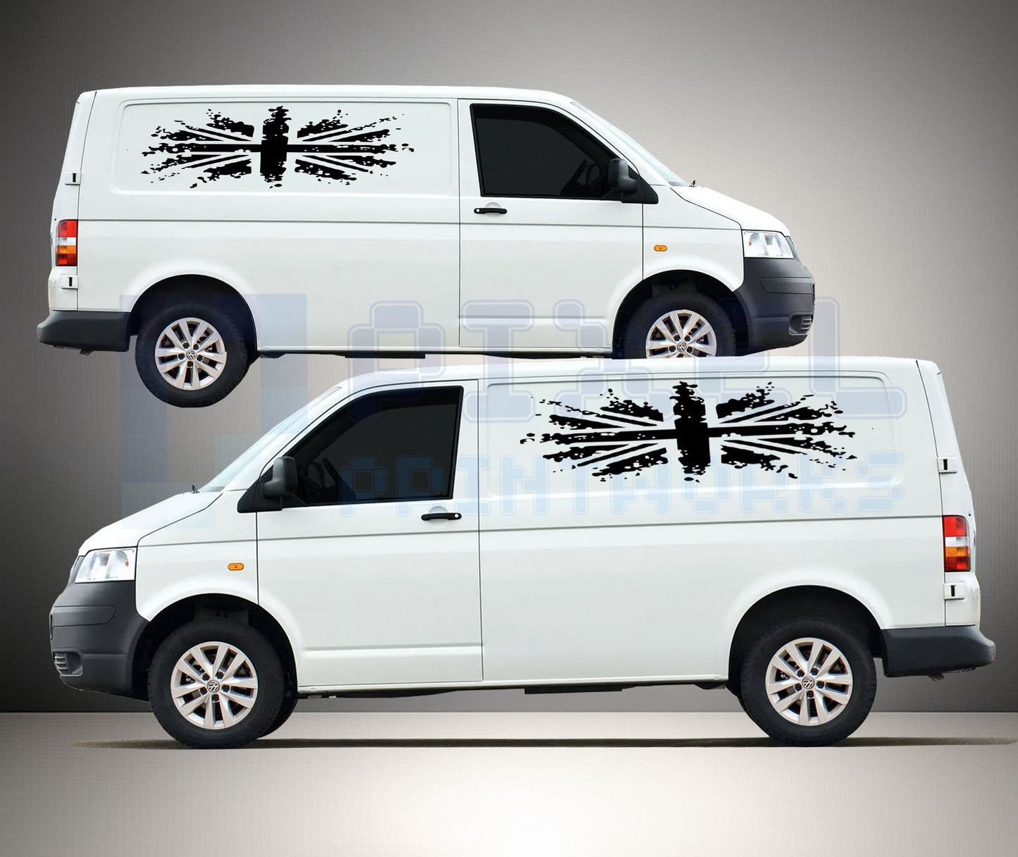 VW Transporter T5 side decal kit with broken Union Jack distressed flag design fitted to white van side panel for bold patriotic styling