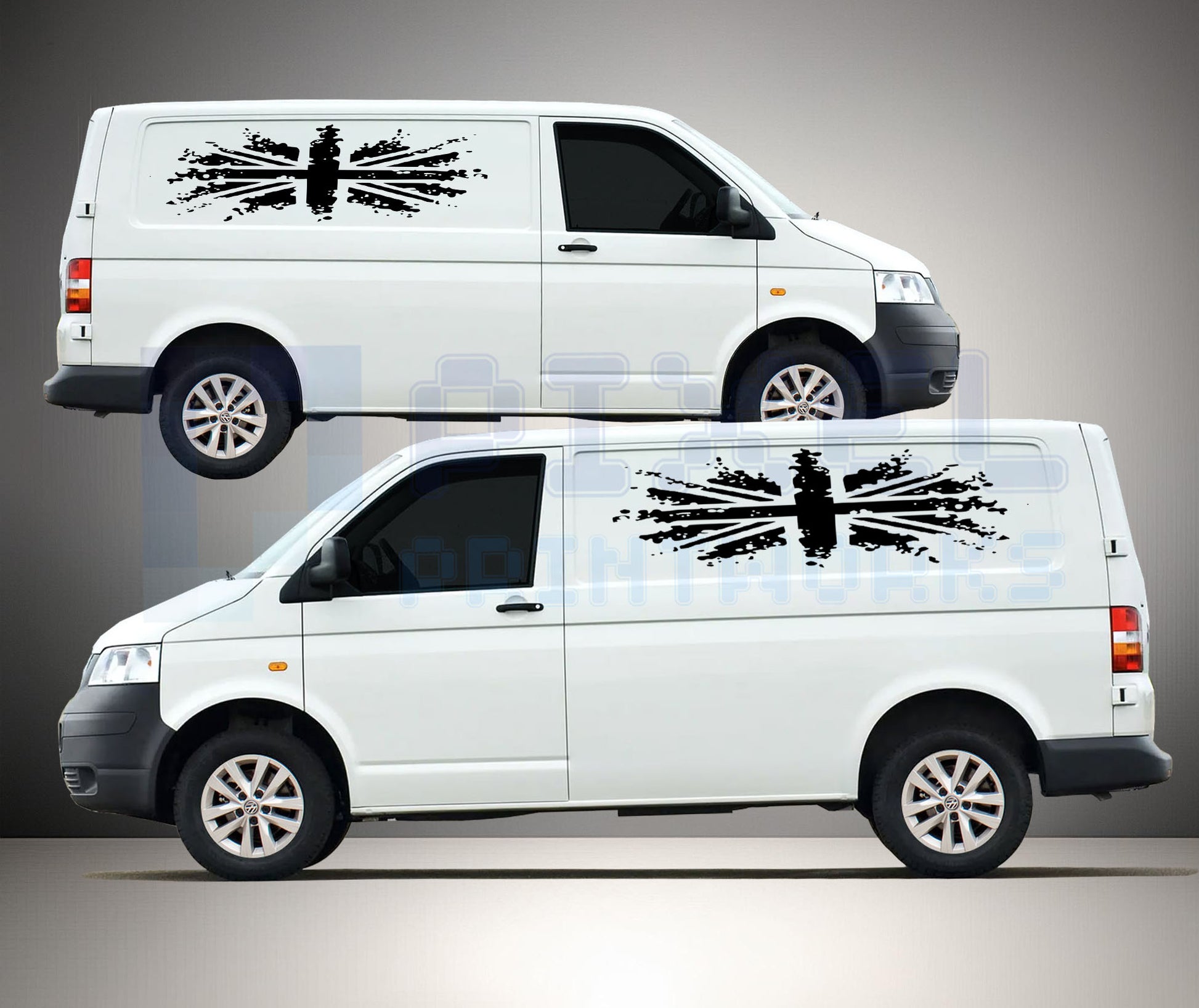 VW Transporter T5 side decal kit with broken Union Jack distressed flag design fitted to white van side panel for bold patriotic styling