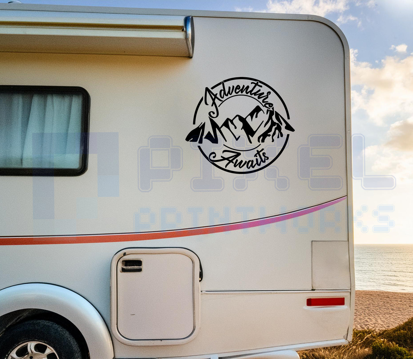 Adventure Awaits Script Mountain Decal – Vinyl Sticker for Campervans & Motorhomes | Pixel Printworks