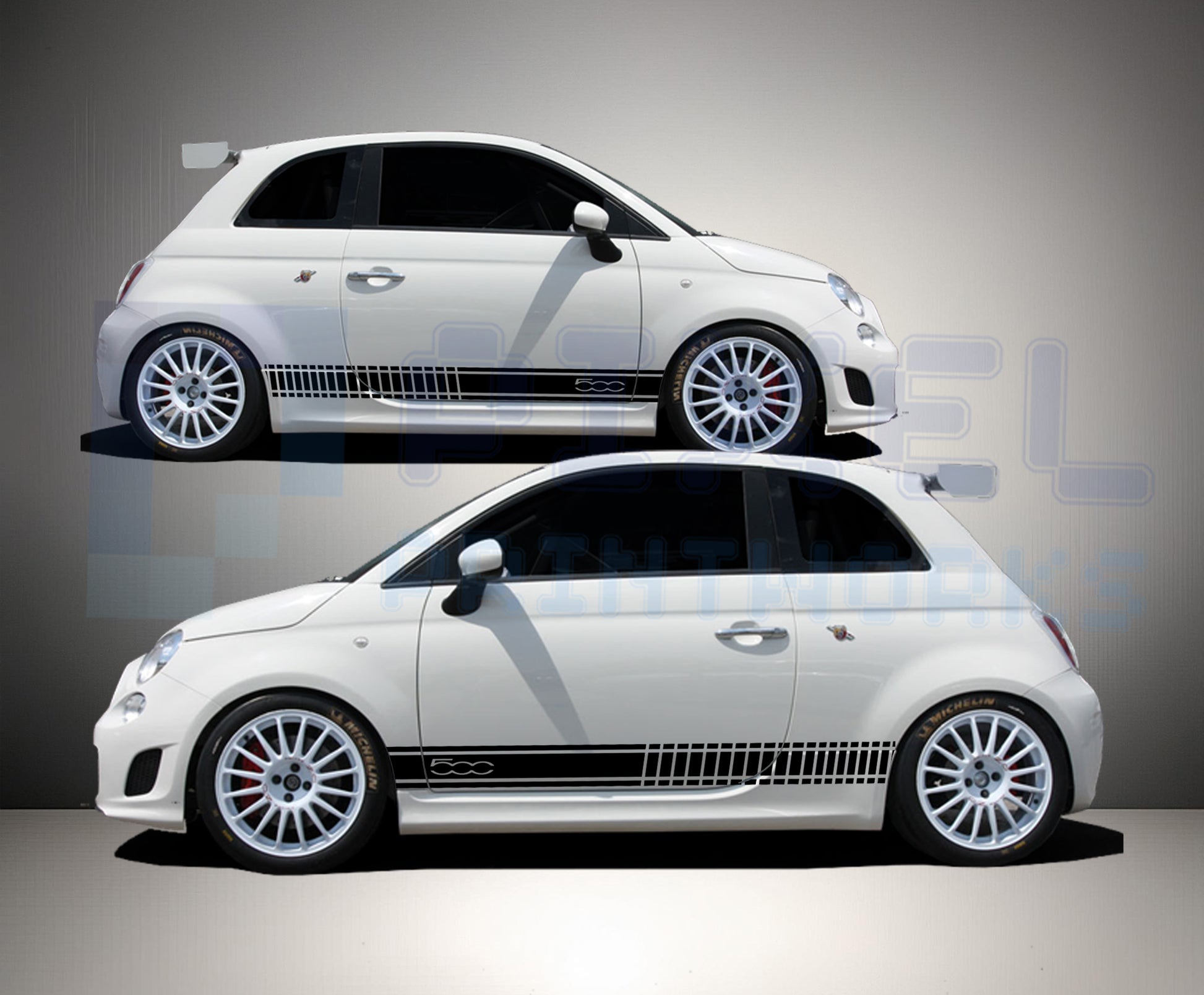 Stuttered geometric side stripe vinyl decals on Fiat 500 showing bold modern racing styling and dynamic broken-line design