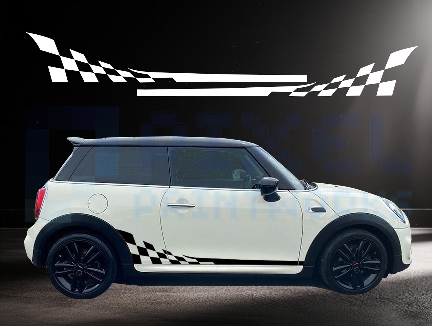Mini Cooper Racing Flag Side Stripe Decals | Vinyl Graphics Kit (2006-2023) | R50 R56 F56 All Models