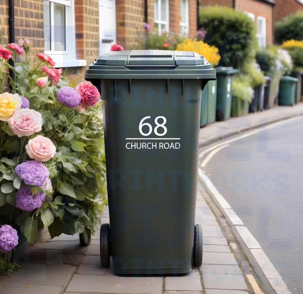 Personalised Wheelie Bin Sticker | Bold Classic Design | Vinyl Decal | Number & Street Name | Pack of 1–4
