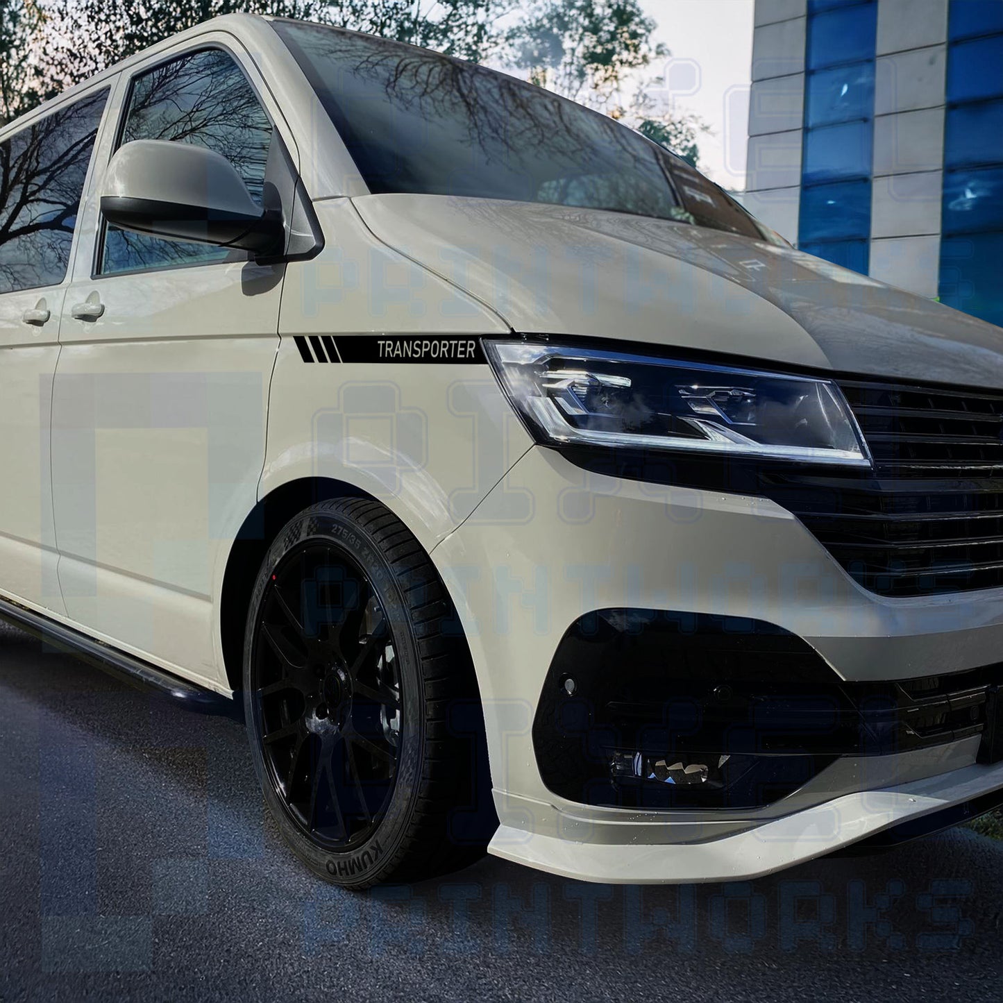 Front Wing Stripe Vinyl Decals with ‘Transporter’ Text for VW Transporter T5 & T6 – Pair by Pixel Printworks