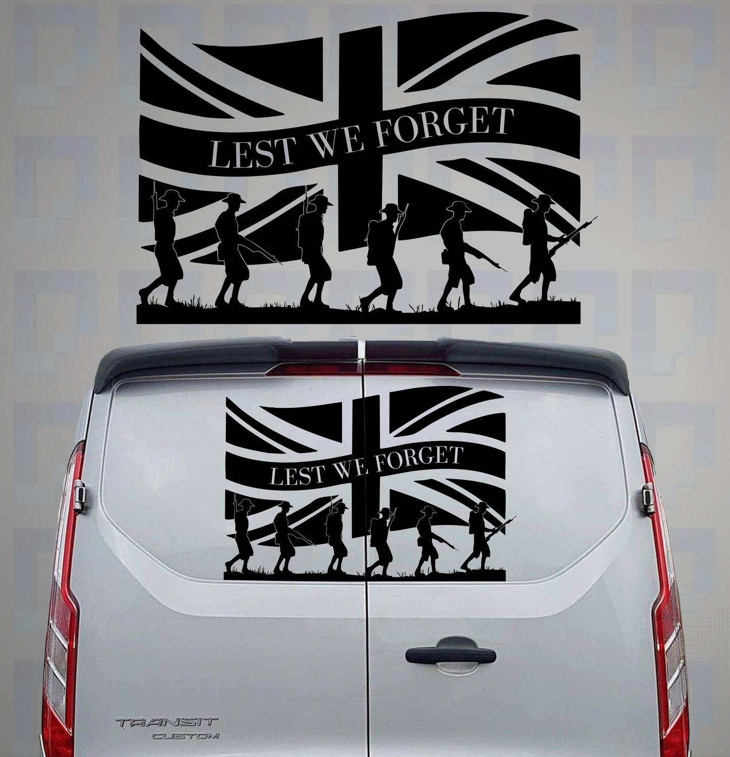 Lest We Forget Union Jack vinyl decal with WW1 marching soldiers on the back of a grey Transit van