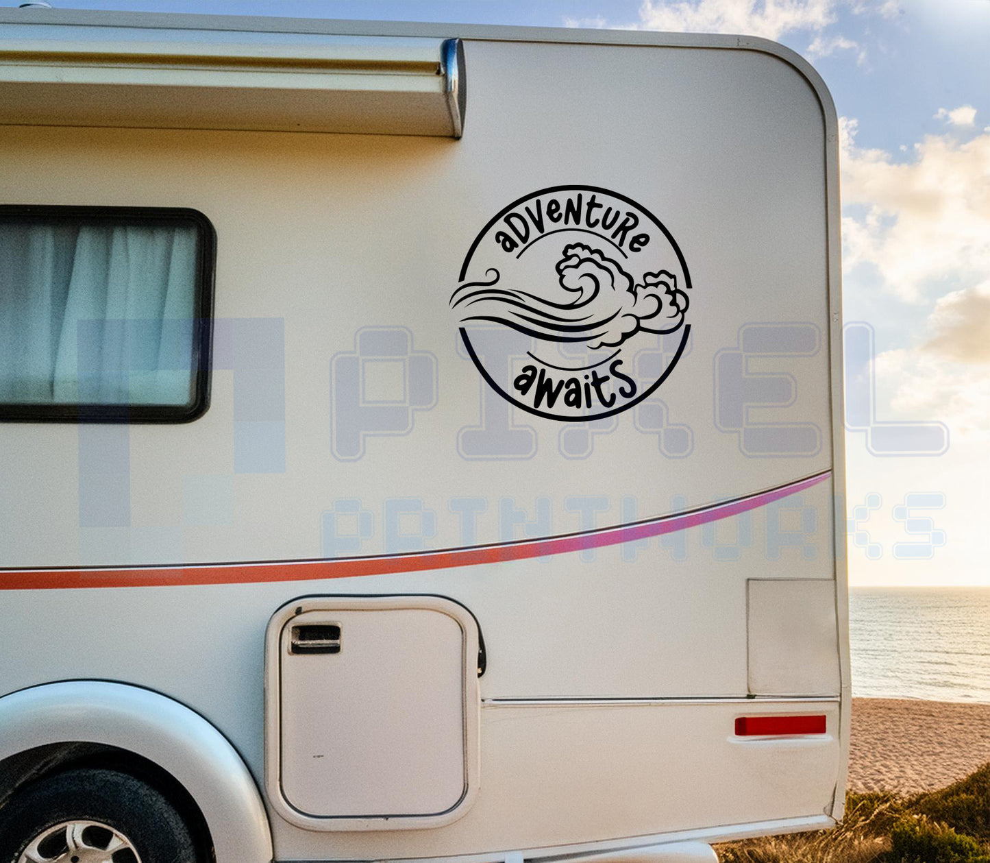 Adventure Awaits Ocean Wave Decal – Vinyl Sticker for Campervans & Motorhomes | Pixel Printworks