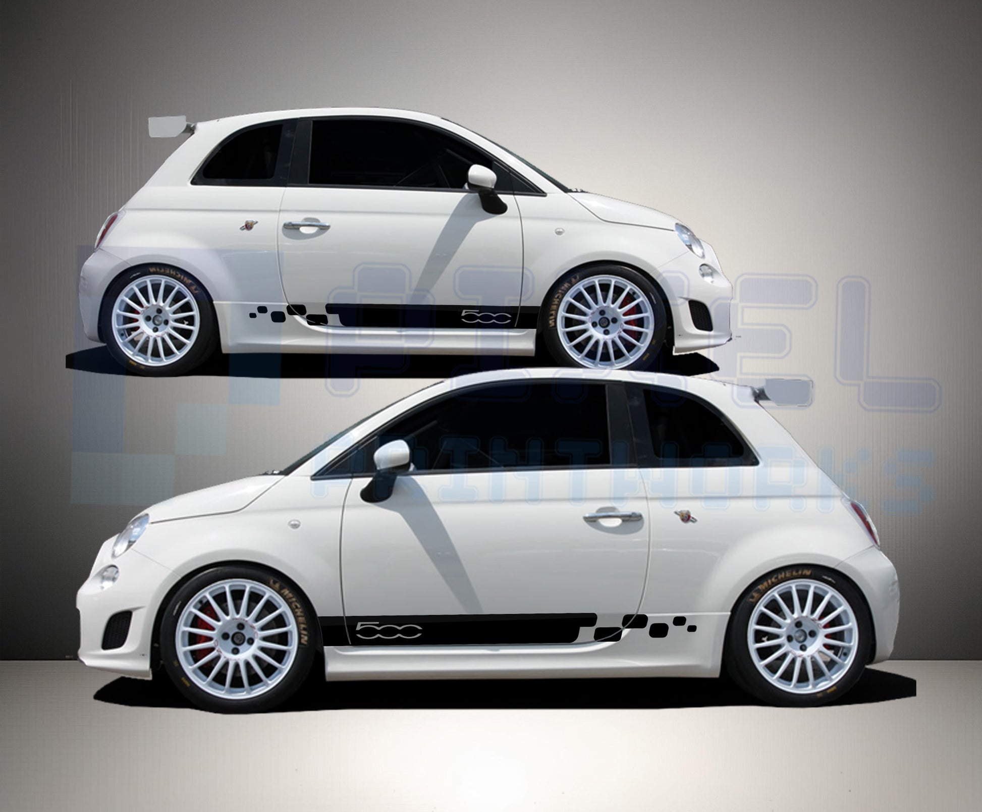 chequered racing side stripe decal kit applied to Fiat 500 showing modern motorsport style vinyl graphics on both sides of the vehicle