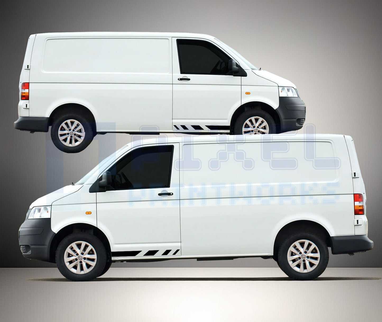 VW Transporter T4 T5 T6 half length angular side stripe decals fitted to van showing bold block pattern modern sporty styling