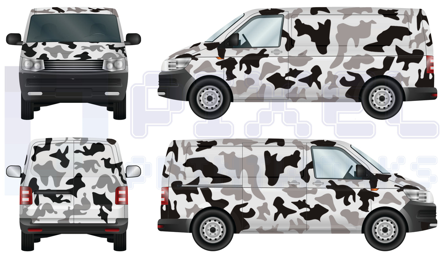Universal van camouflage vinyl wrap kit applied to a panel van showing full classic camo pattern across front, side and rear views by Pixel Printworks