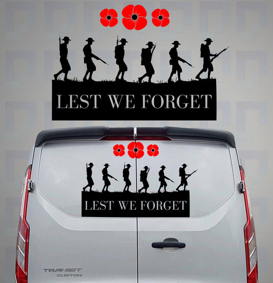 Lest We Forget decal with marching soldiers and three red poppies applied to the back of a grey van