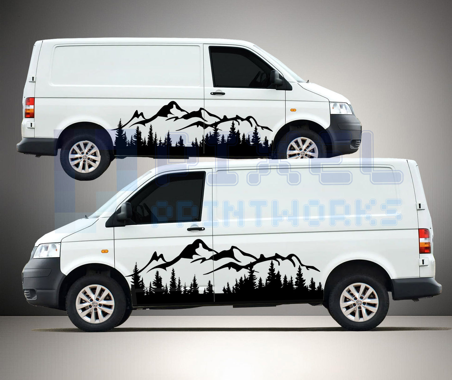 SWB Campervan Side Mountain & Trees Decals – 2pc Scenic Vinyl Set
