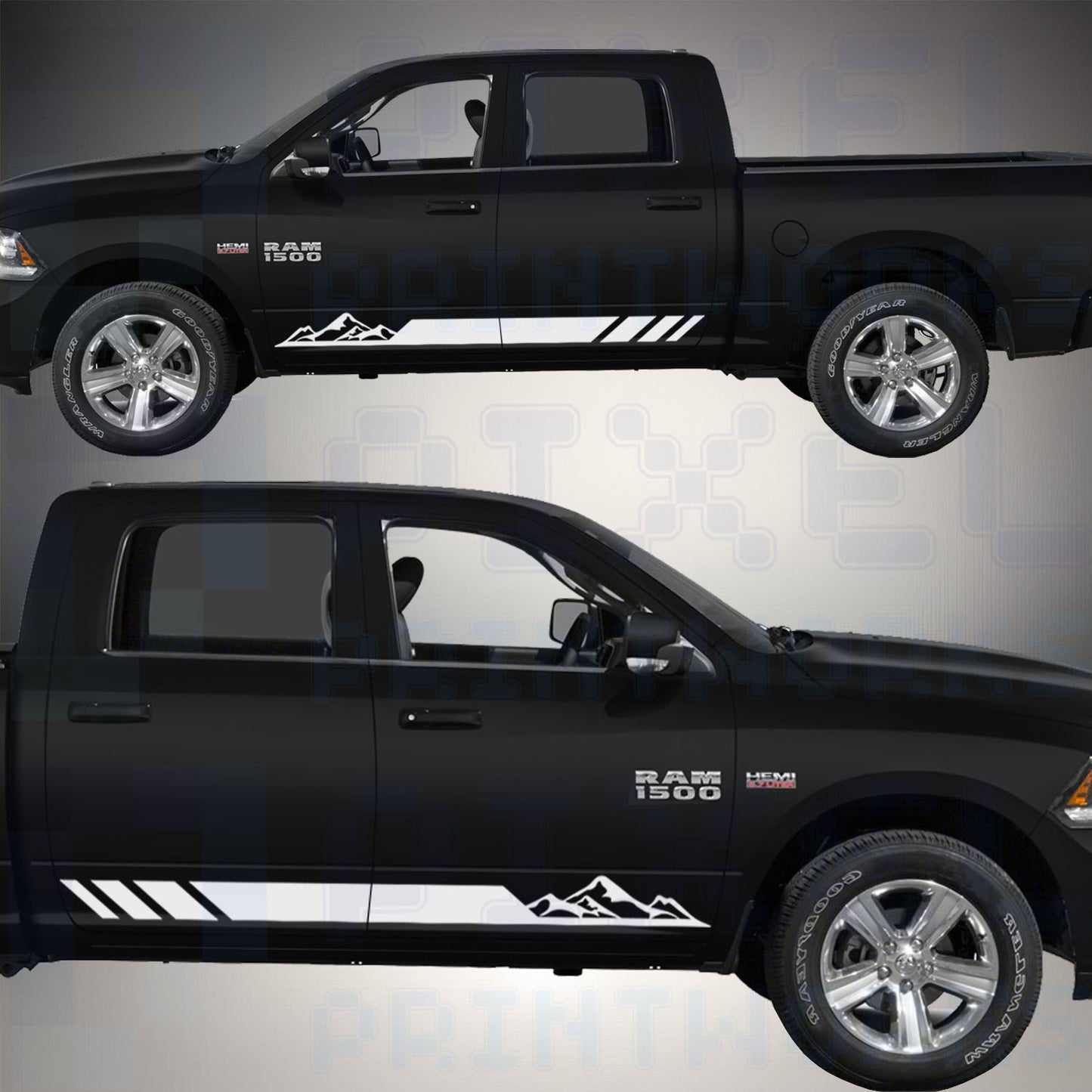 Mountain Side Stripe Vinyl Graphics Kit for Dodge Ram 1500 (2009–2018) – Outdoor-Inspired Design