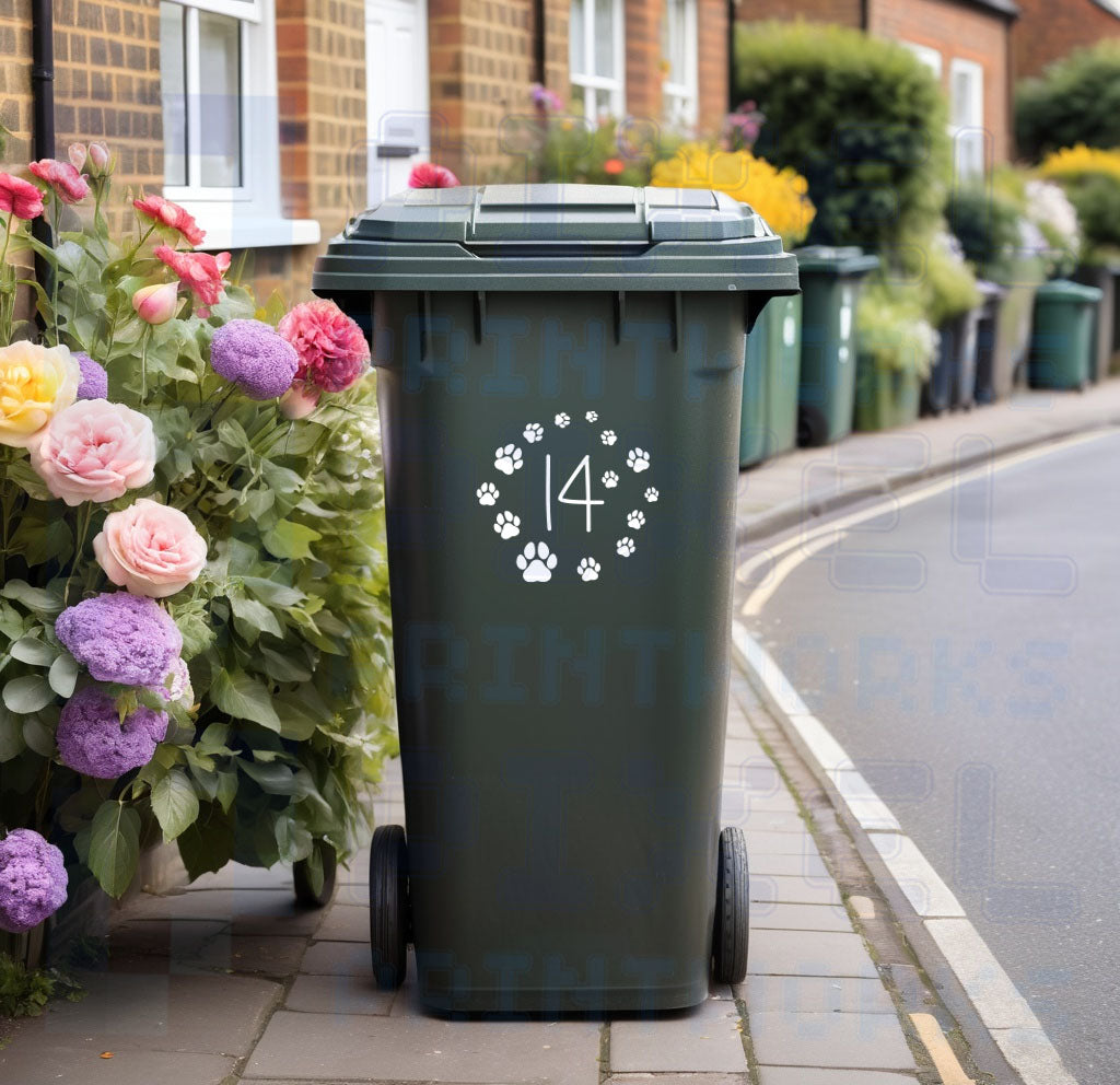 Personalised Wheelie Bin Sticker | Paw Prints Vinyl Decal | House Number | Pack of 1, 2, 3 or 4