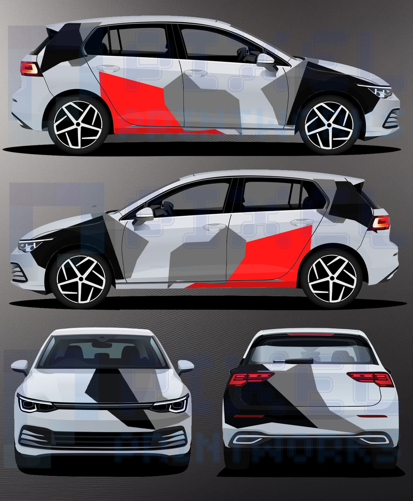 Universal Car Abstract Camo Vinyl Graphics Kit (With Single Red Piece) | Suitable for All Car Models