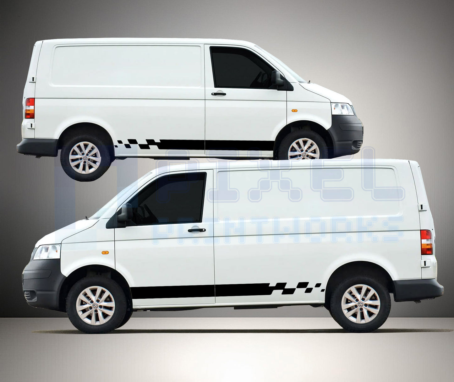 VW Transporter T4 T5 T6 stuttered block side stripe decals fitted to van showing bold pixel style stepped rear design