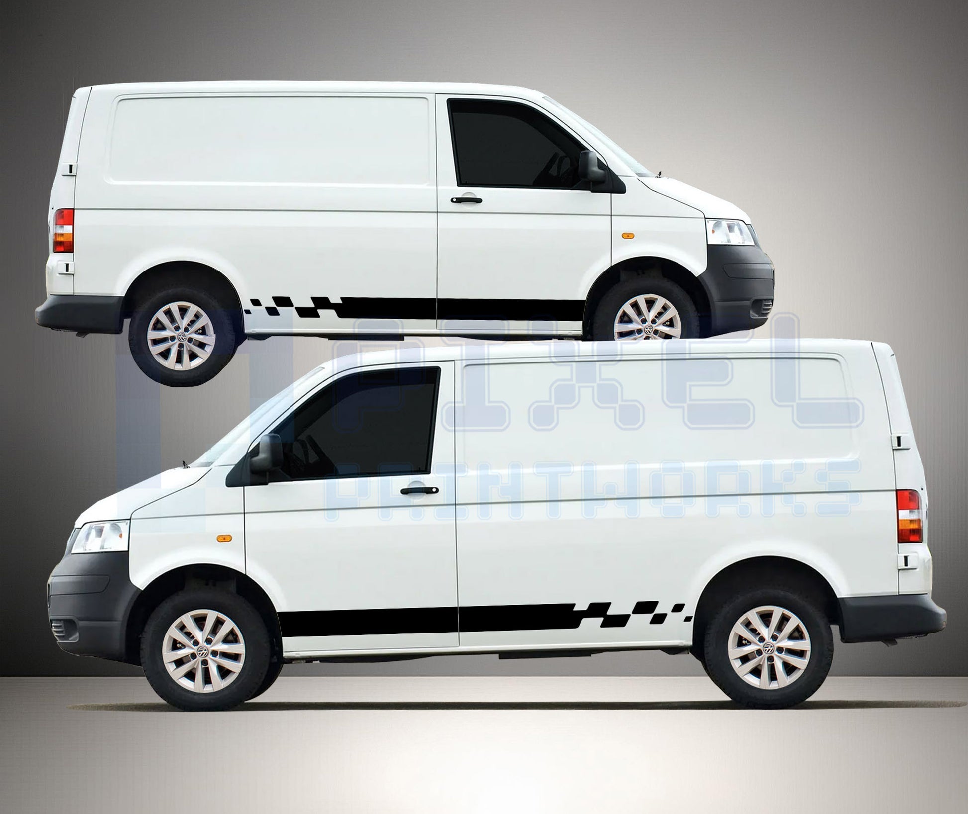 VW Transporter T4 T5 T6 stuttered block side stripe decals fitted to van showing bold pixel style stepped rear design