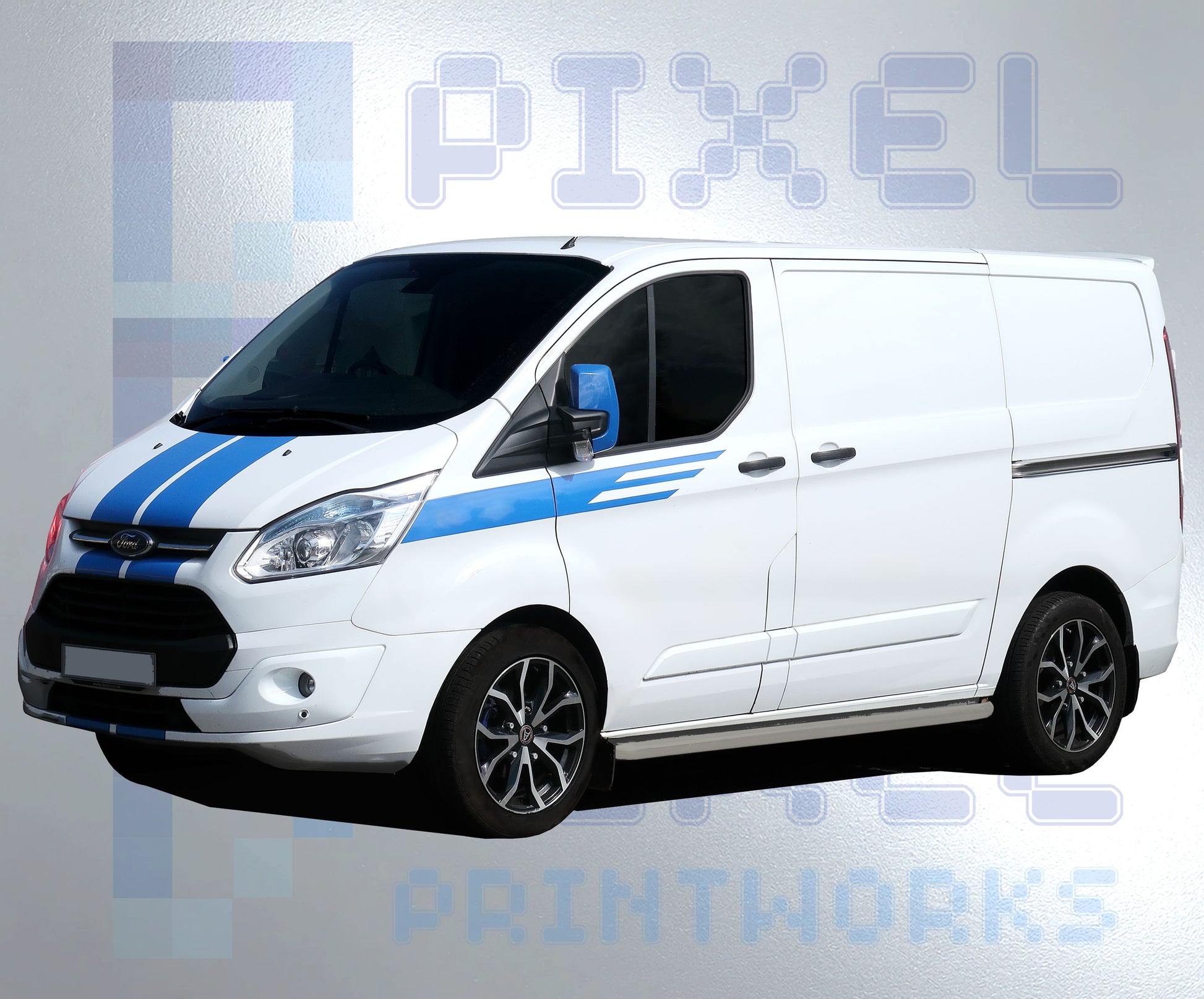 White van with blue stripes on a gray background, featuring 'Pixel Printworks' branding.