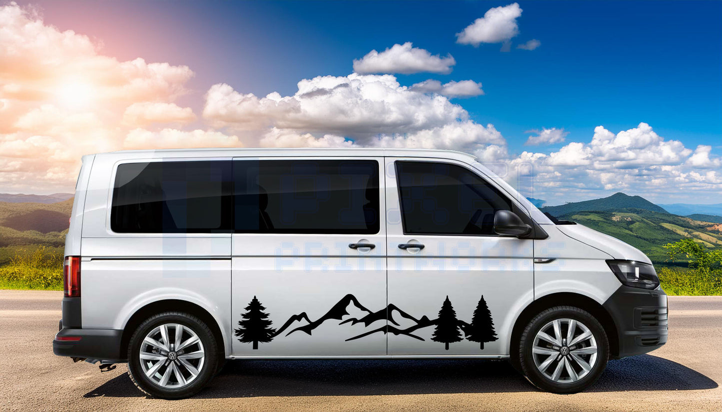 SWB Campervan Side Decals – Mountains & 3 Trees Vinyl Set (2pc)
