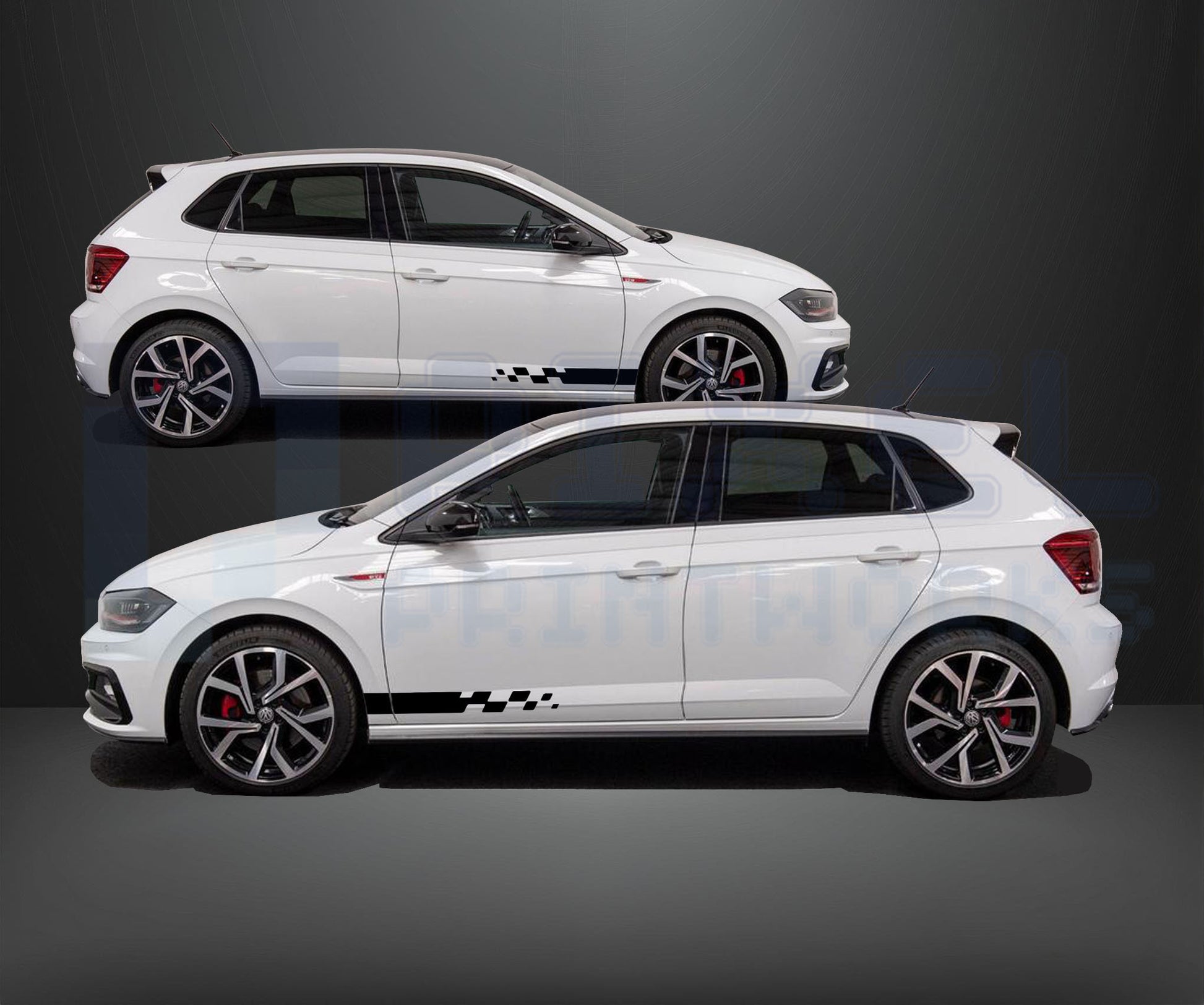 VW Polo half length staggered side stripe vinyl decal installed