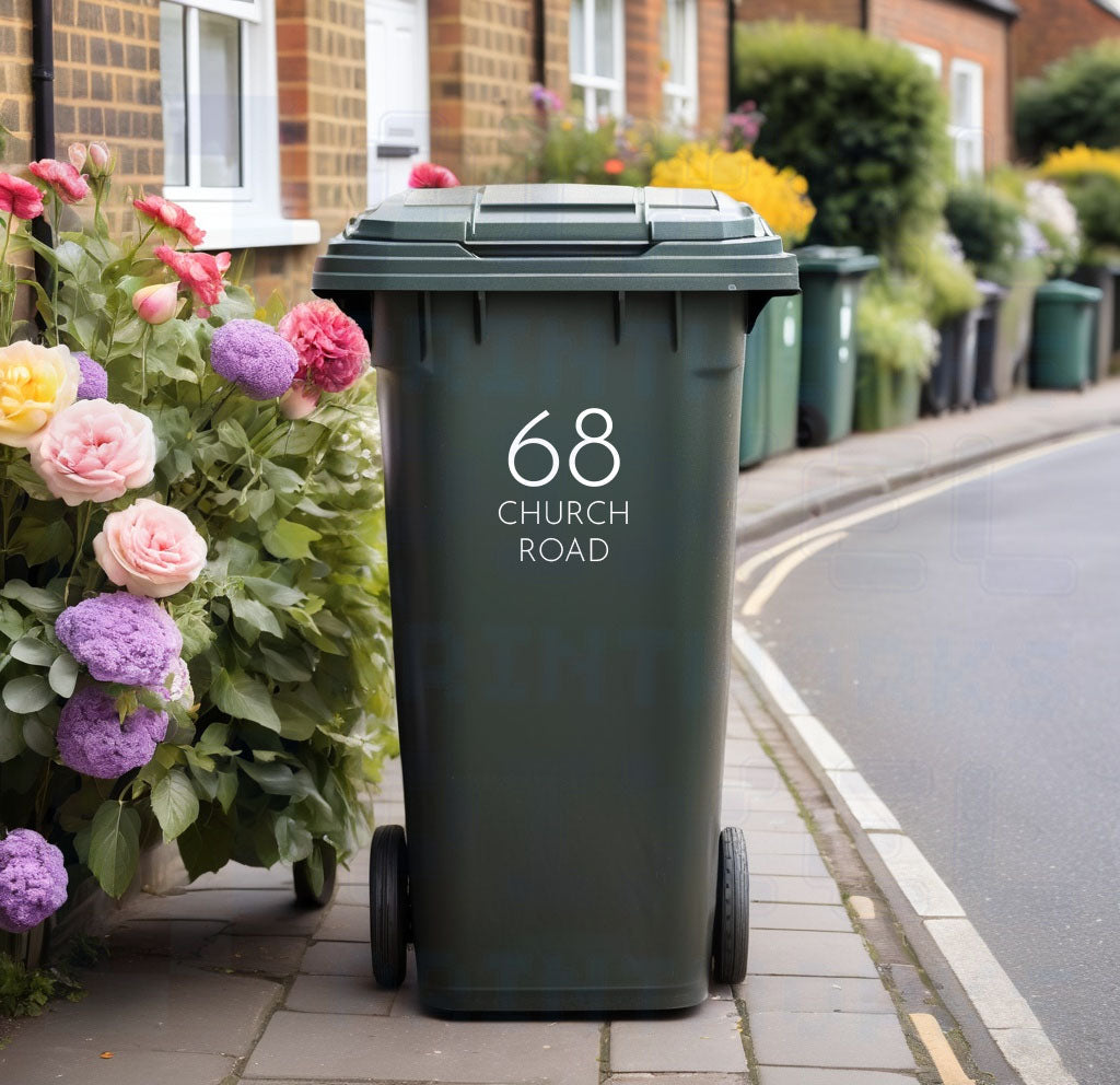 Personalised Wheelie Bin Sticker | Modern Design Vinyl Decal | Number and Street Name | Pack of 1, 2, 3 or 4