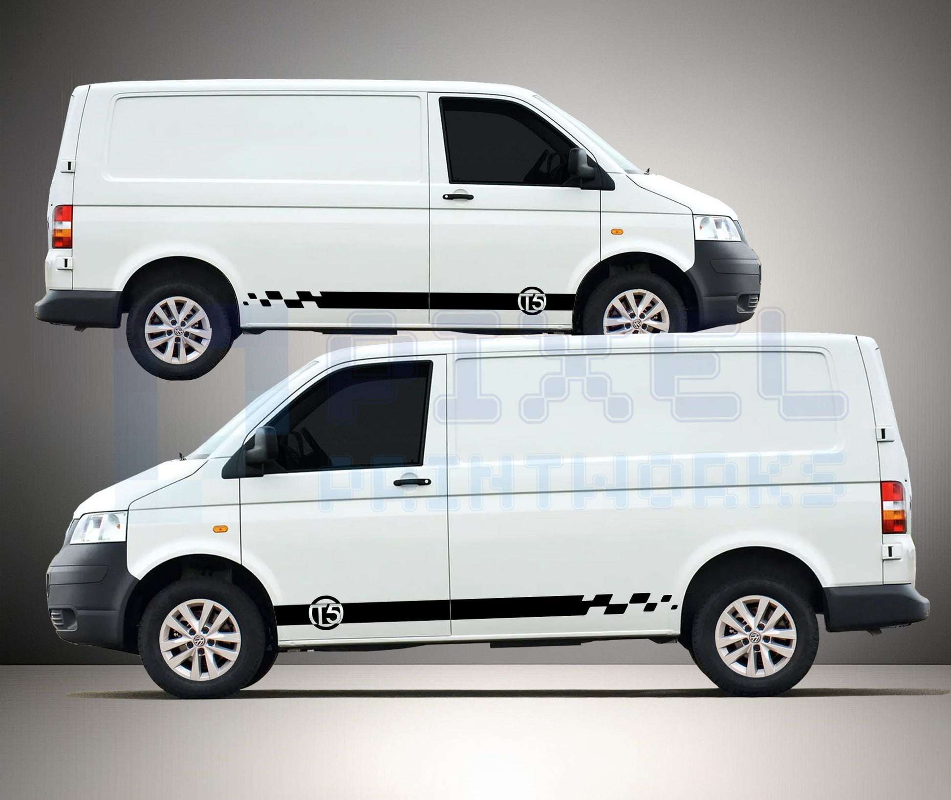 VW Transporter T5 side stripe decals with circular T5 logo and stuttered rear block finish fitted to van showing sporty custom styling