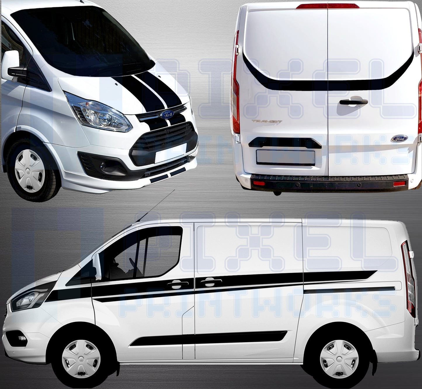 Ford Transit Custom Complete Stripe Bundle – Side Stripes, Bonnet Stripes & Rear Door Decal Kit | Pixel Printworks