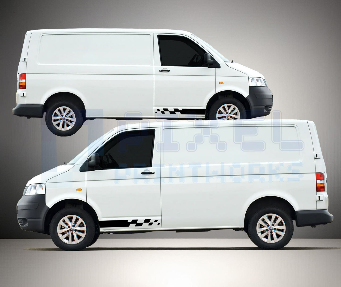 VW Transporter T4 T5 T6 half length side stripe decals with checkered motorsport finish fitted to van showing compact sporty styling