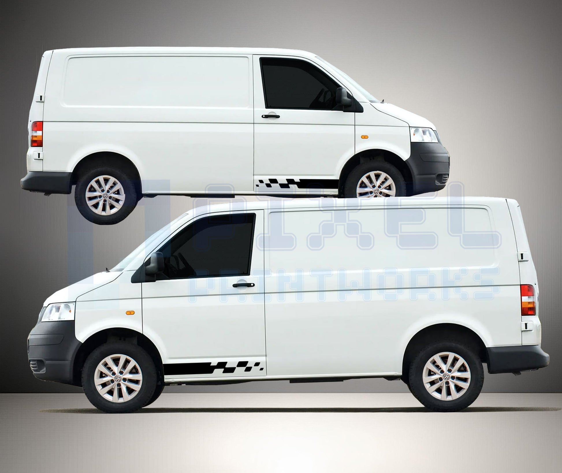 VW Transporter T4 T5 T6 half length side stripe decals with checkered motorsport finish fitted to van showing compact sporty styling